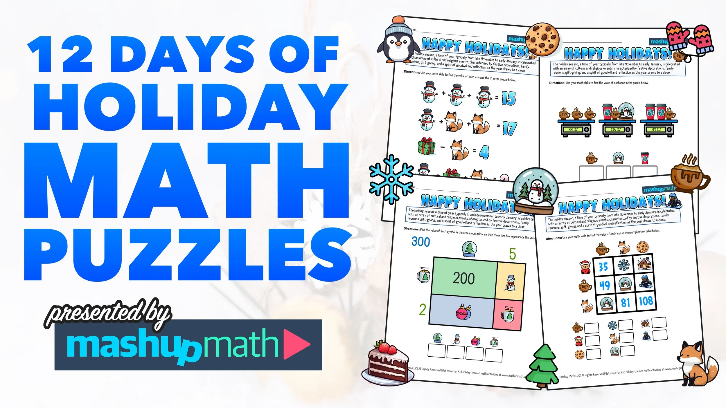 12 days of holiday math puzzles—printable k-8 worksheets — mashup math